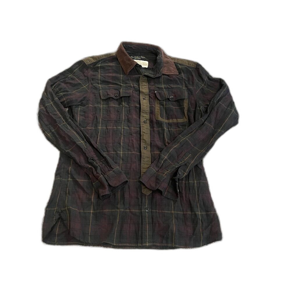 AllSaints Moorland Green and Brown Long Sleeve Flannel Plaid Shirt s